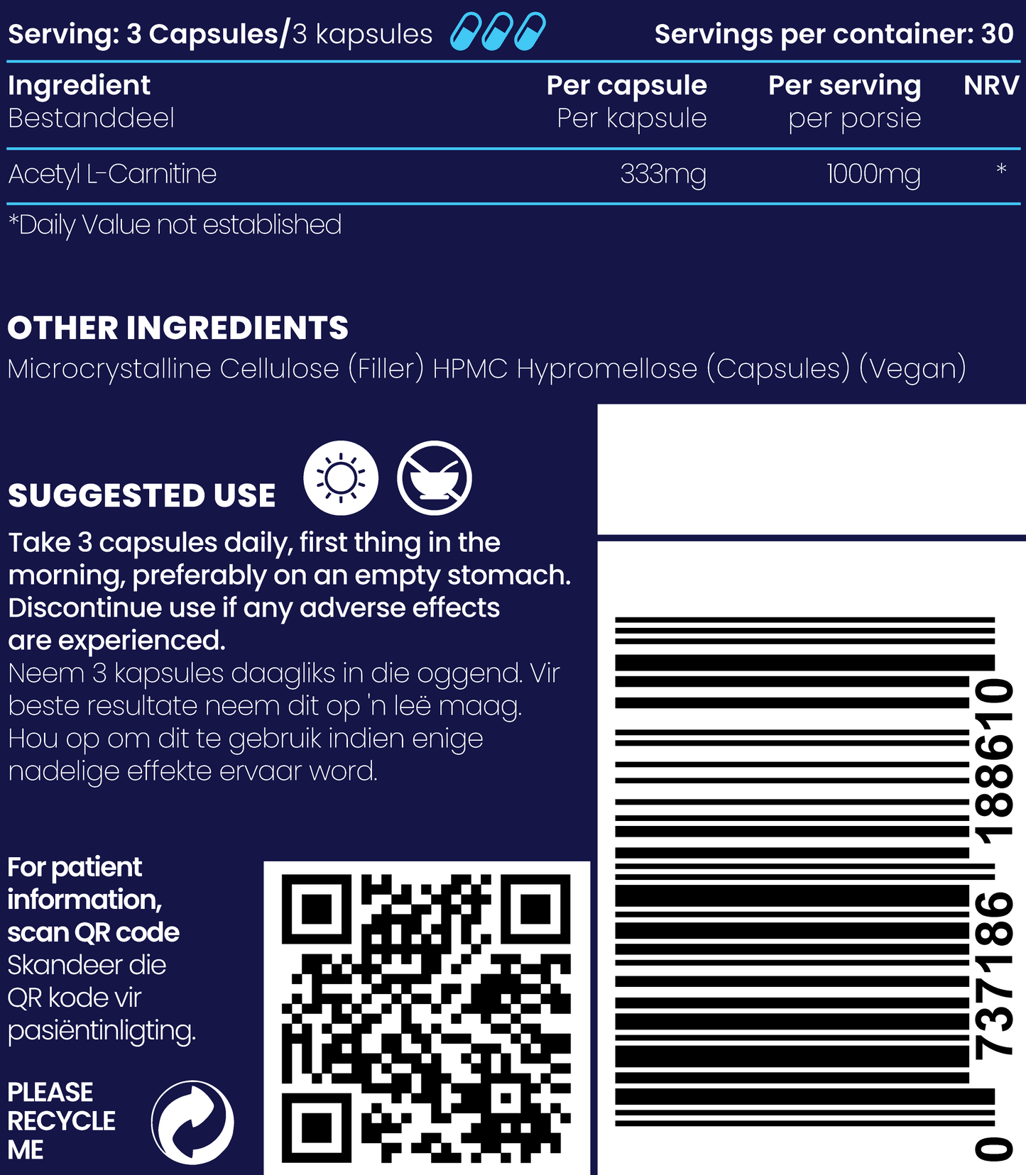 Close-up description and ingredients of Acetyl L-Carnitine Heart and Brain function supplements