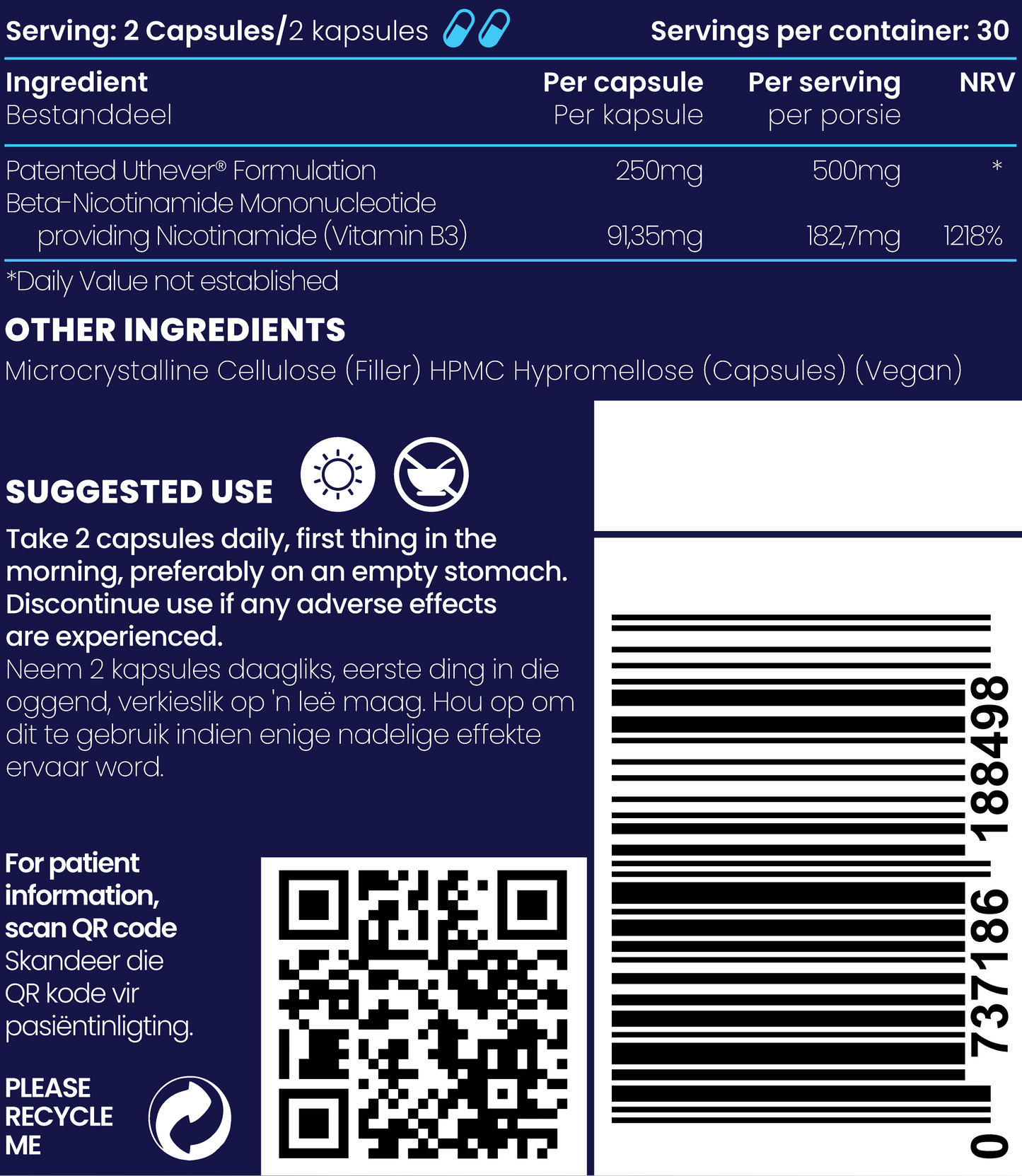 NMN (Nicotinamide Mononucleotide) 500mg (30 serv x 60 caps)