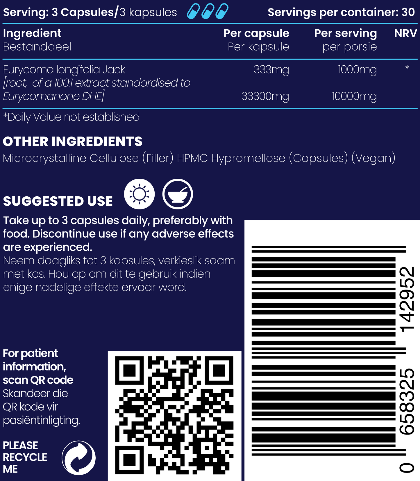 Close up of supplement details and ingredients of Tongkat Ali 1000mg capsules.