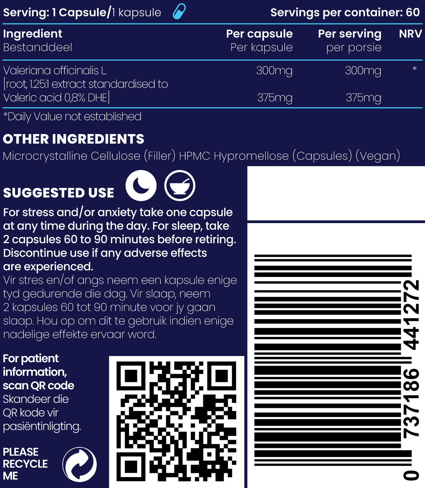 Close up of supplement facts and ingredients of Valerian 300mg capsules.