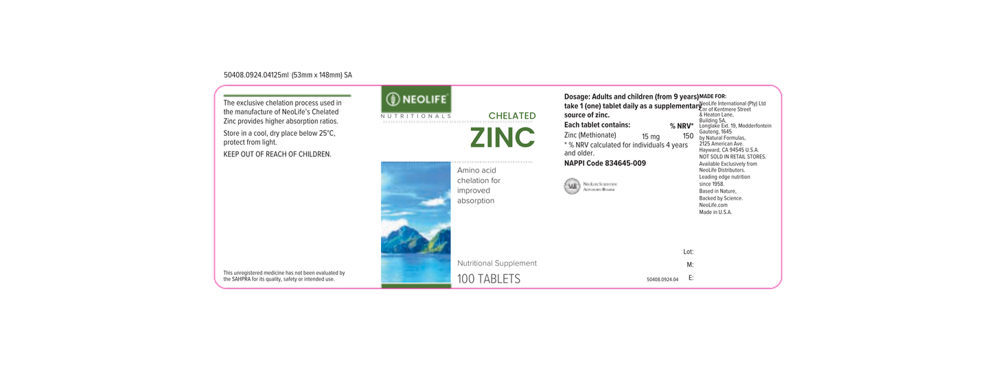 Chelated Zinc - 100 Tablets