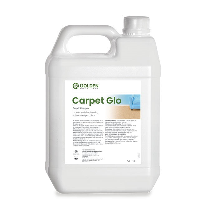 5-liter bottle of Golden Carpet Glo carpet shampoo on a white background