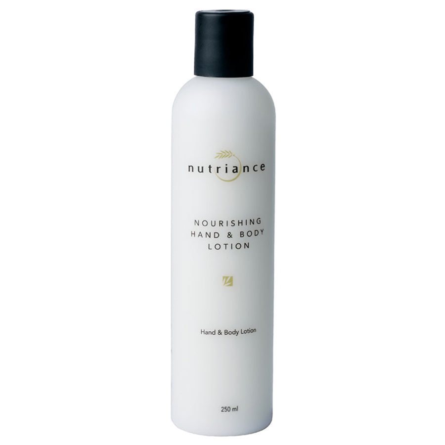 White lotion bottle with black cap labeled 'nutriance' on a white background