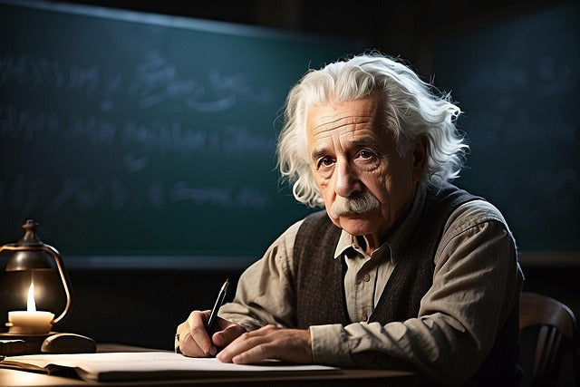 Einstein sitting at a desk.