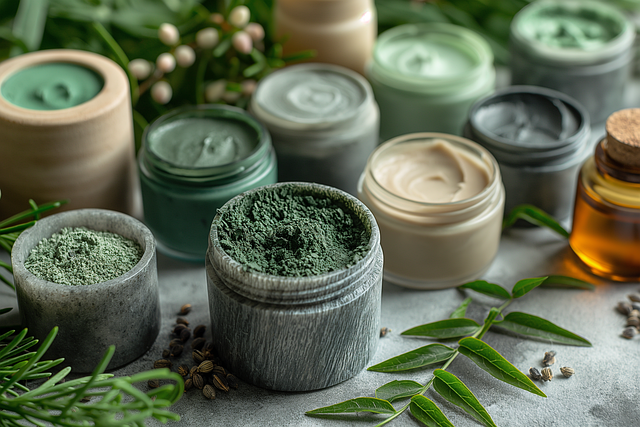 Various containers with powdered herbs in shades of green