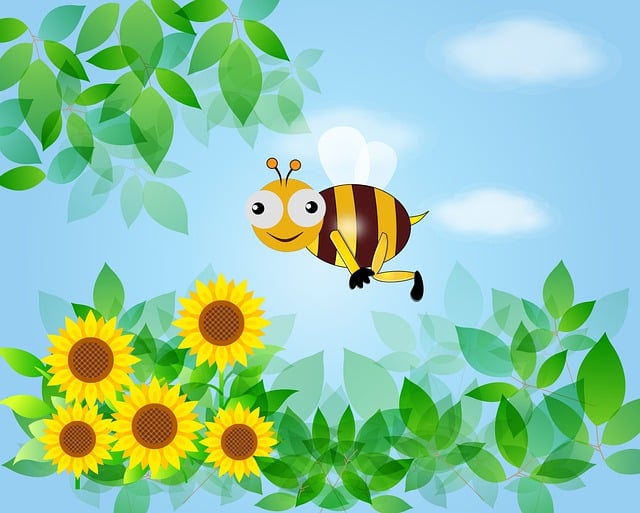 Juvenile image of a smiling bee with big eyes in flight amongst Sunflowers