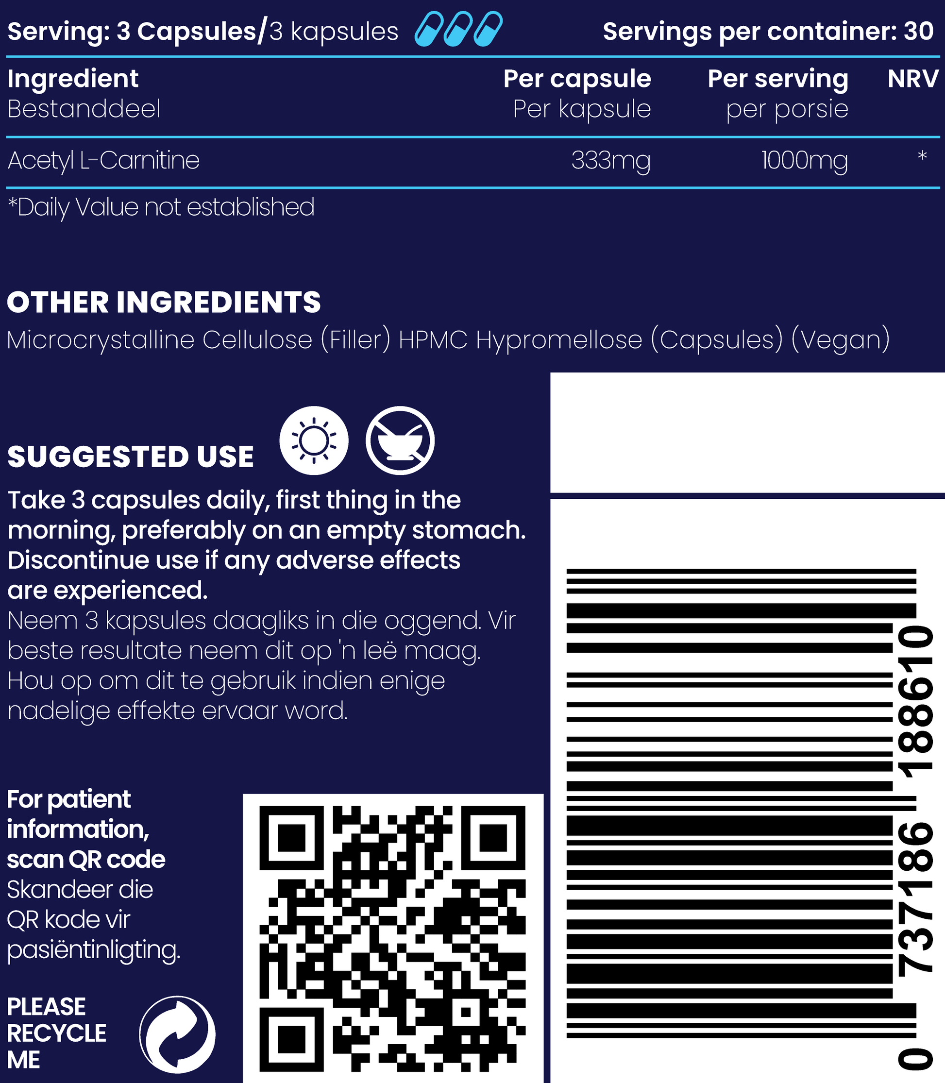 Close-up description and ingredients of Acetyl L-Carnitine Heart and Brain function supplements