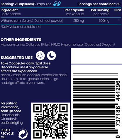 Close up of ingredients and facts of Ashwagandha 500mg capsules