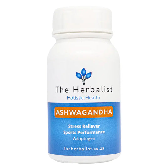 Ashwagandha 60/120 Capsules. Stress reliever in a blue and white container.