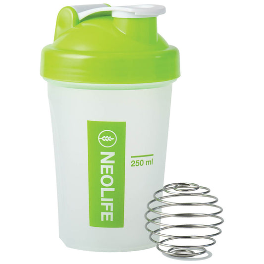 Neolife shaker bottle with green lid and label on a white background