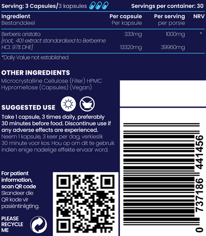 Close up of supplement facts and ingredients of Berberine 1000mg capsules