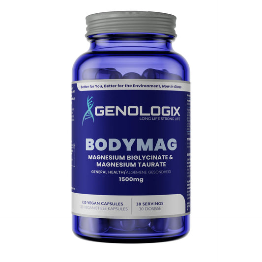 BodyMAG (Magnesium Biglycinate and Magnesium Taurate) in a blue glass bottle
