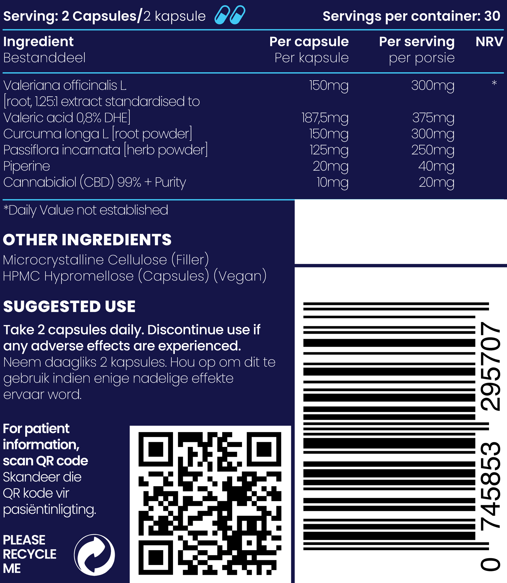 Close up of description and ingredients of CBD Relief Complex stress and pain supplements.