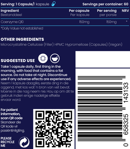 Close up of Supplement facts and ingredients of CoQ10 150mg antioxidant capsules