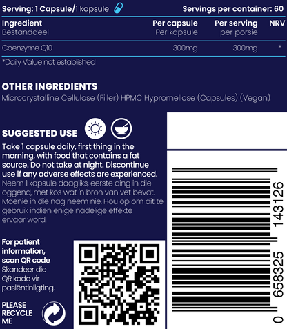 Close up of CoQ10 300mg supplement details and ingredients