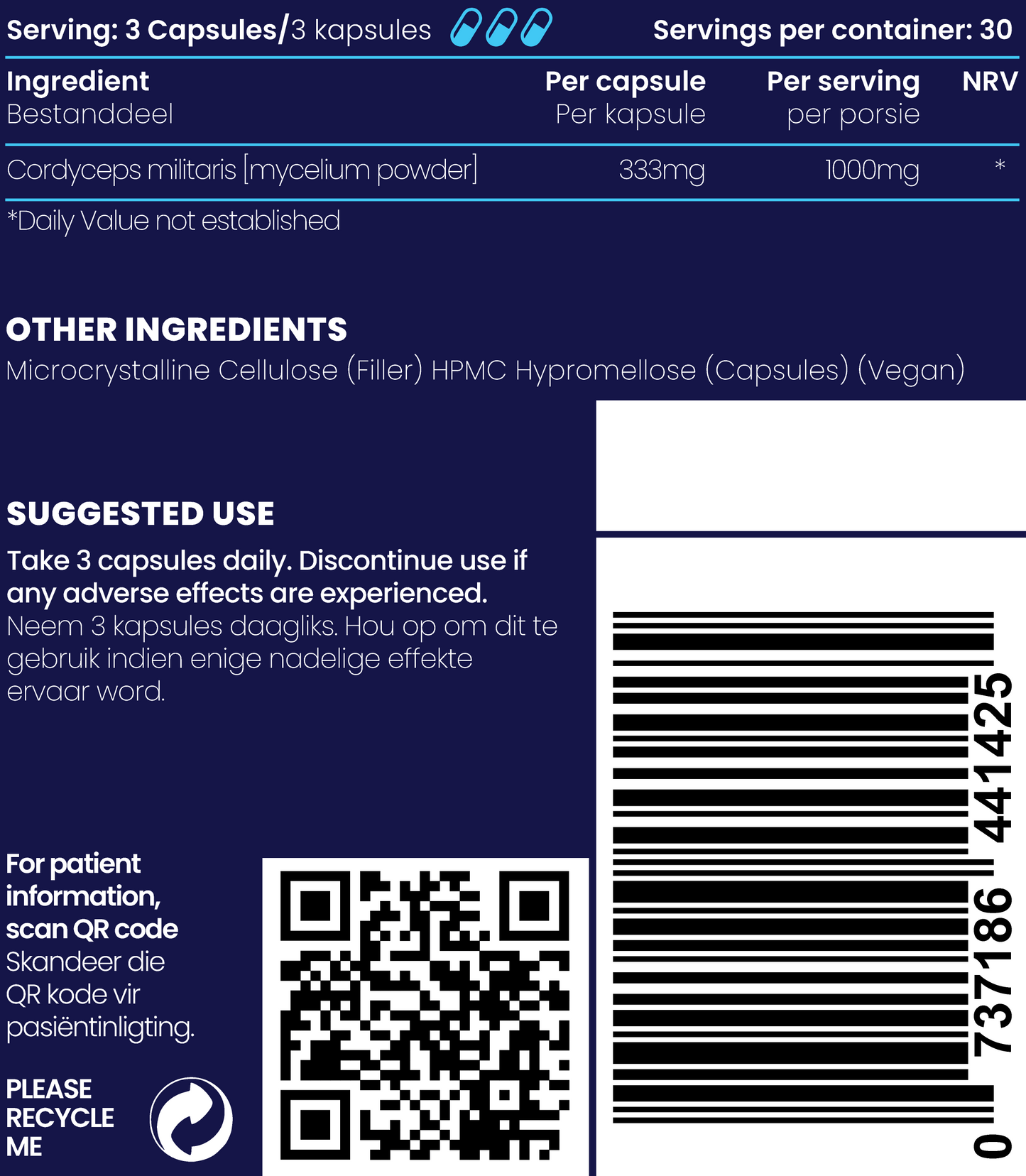 Close up of supplement facts and ingredients of Cordyceps Mushroom 1000mg capsules.