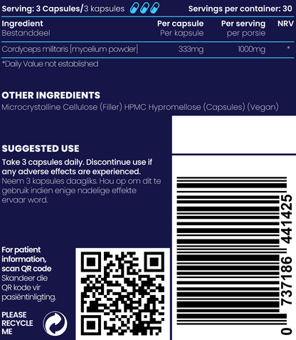 Close up of supplement facts and ingredients of Cordyceps Mushroom 1000mg capsules.