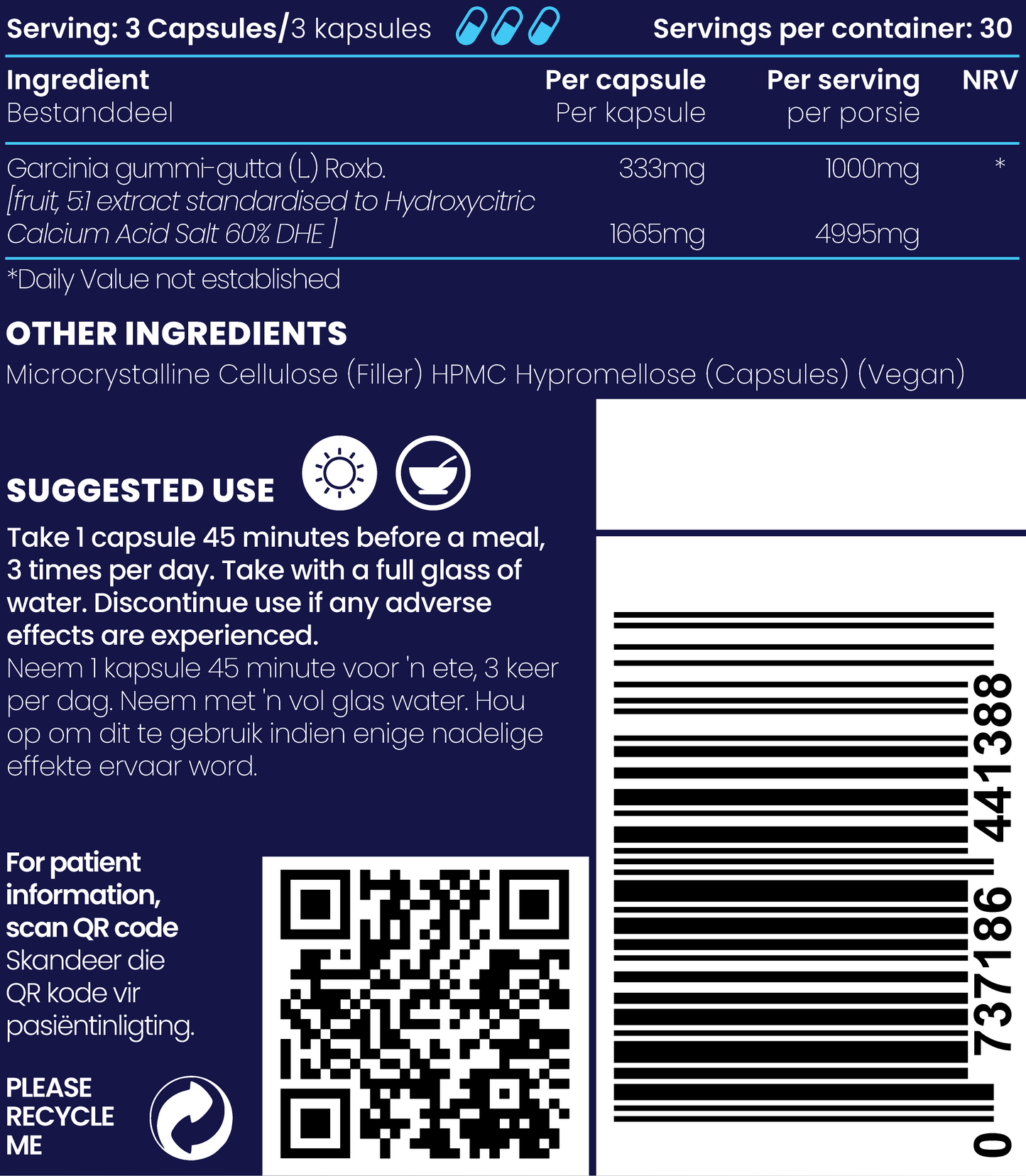 Close up of supplement facts and ingredients of Garcinia Cambogia HCA 1000mg capsules.