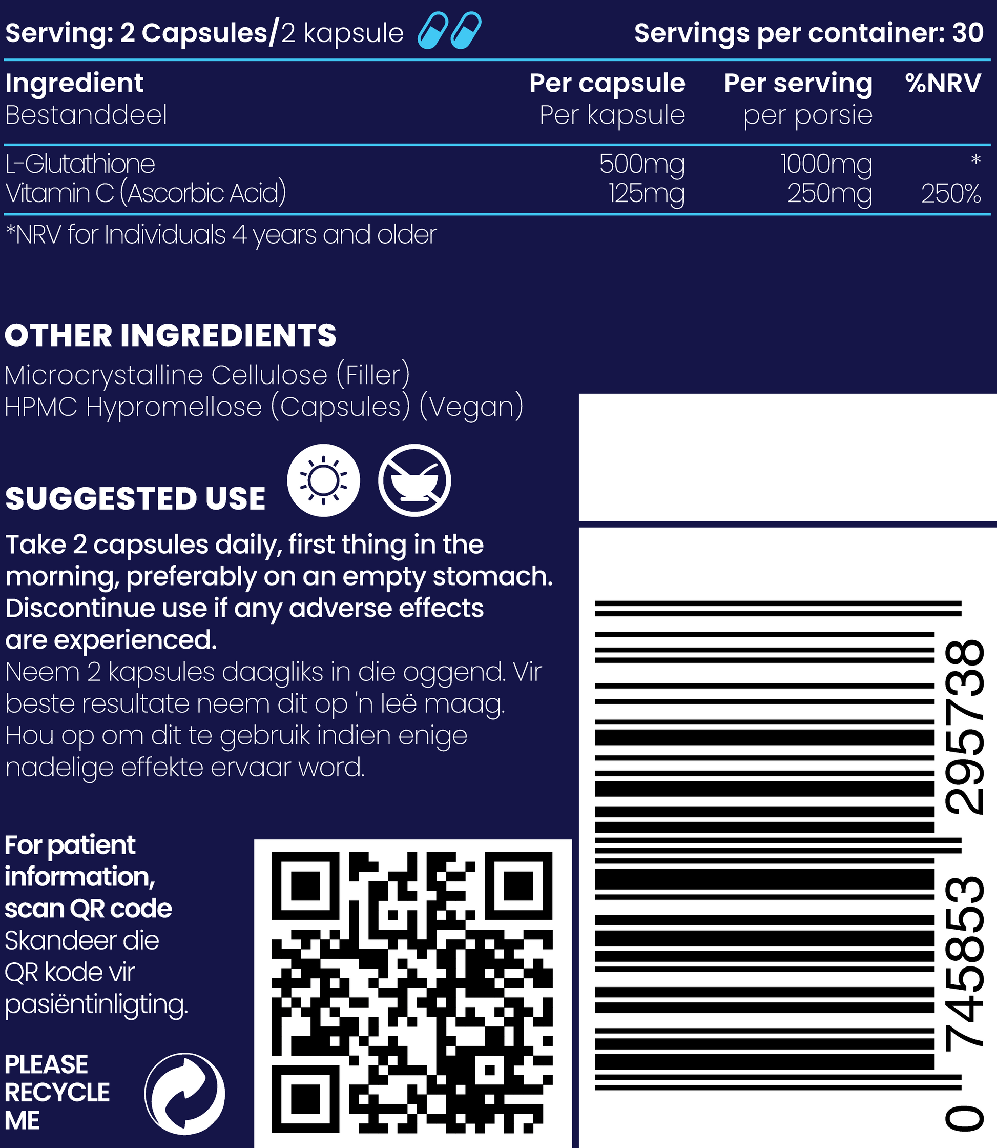 Close up of description and ingredients of Gluta-C Skin Bright Complex Antioxidant and Skin Health supplements