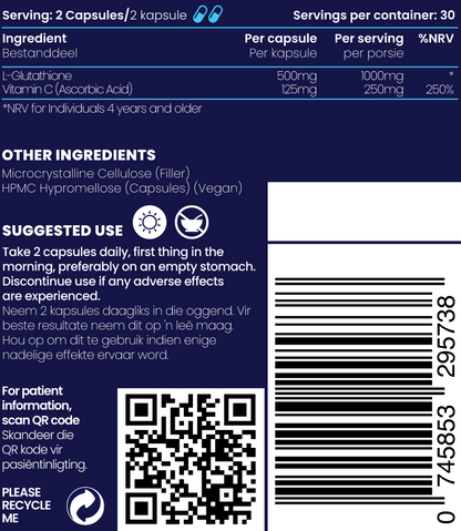Close up of description and ingredients of Gluta-C Skin Bright Complex Antioxidant and Skin Health supplements