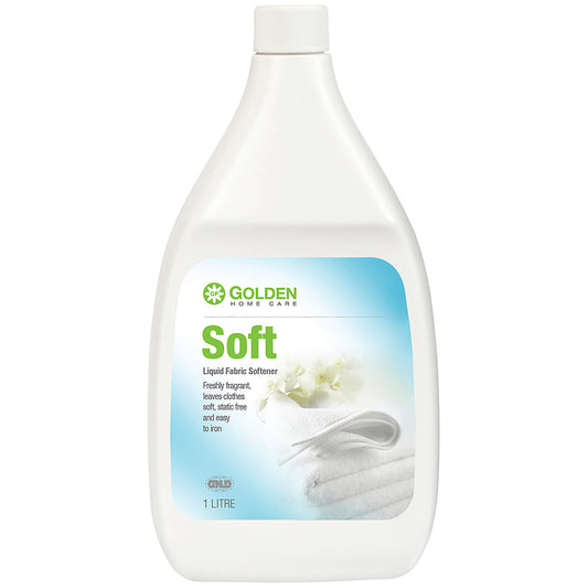 Bottle of Golden Home Care Soft liquid fabric softener on a white background