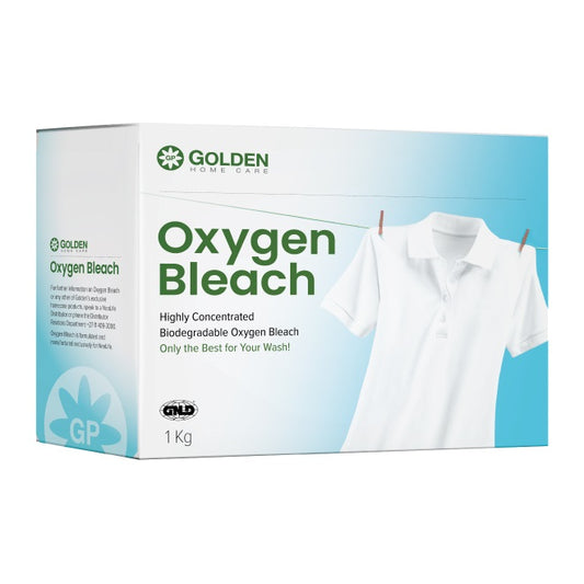 Box of Golden Home Care Oxygen Bleach with a white shirt on a clothesline.