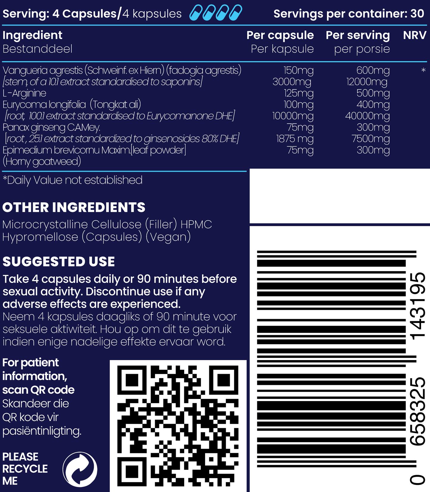 Close up of Supplement facts and ingredients of HE HIM 2100mg capsules for sexual health