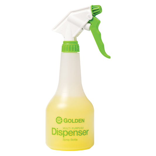 Spray bottle with green nozzle and yellow body on a white background