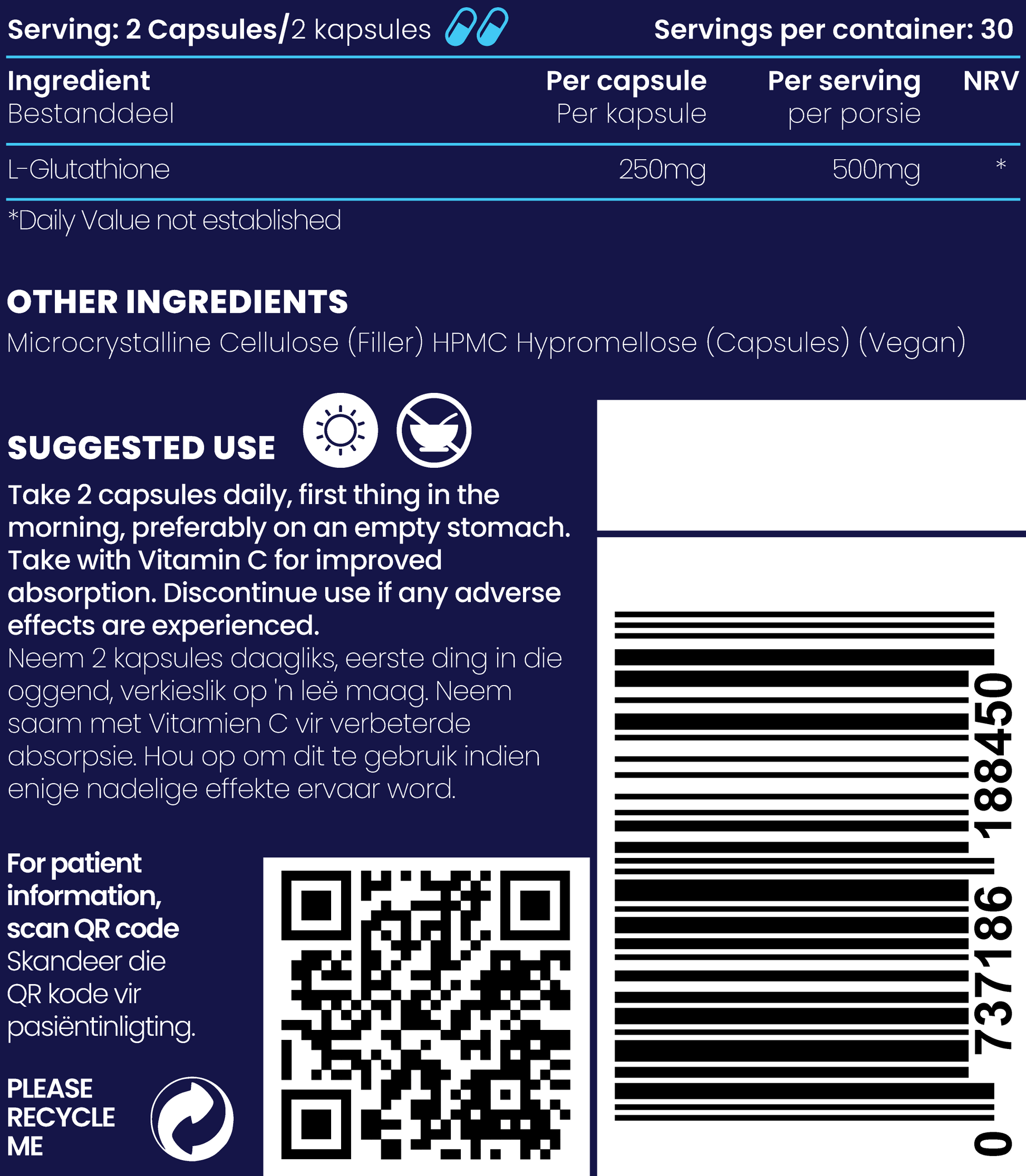 Close up of L-Glutathione 600mg supplement facts and ingredients