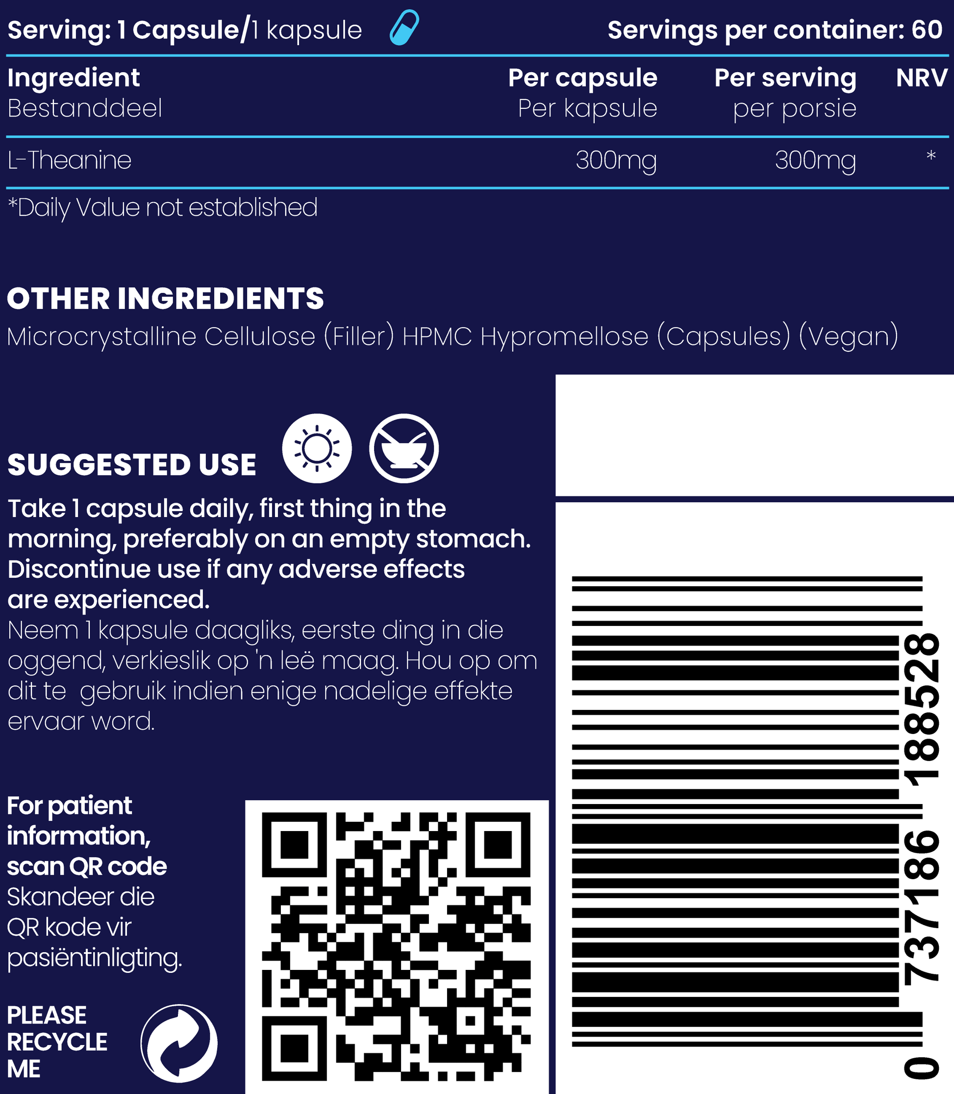 Close up description and ingredients Description and ingredients of L-Theanine Amino Acid supplements