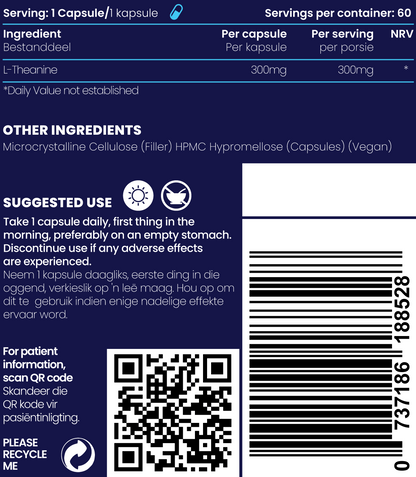 Close up description and ingredients Description and ingredients of L-Theanine Amino Acid supplements