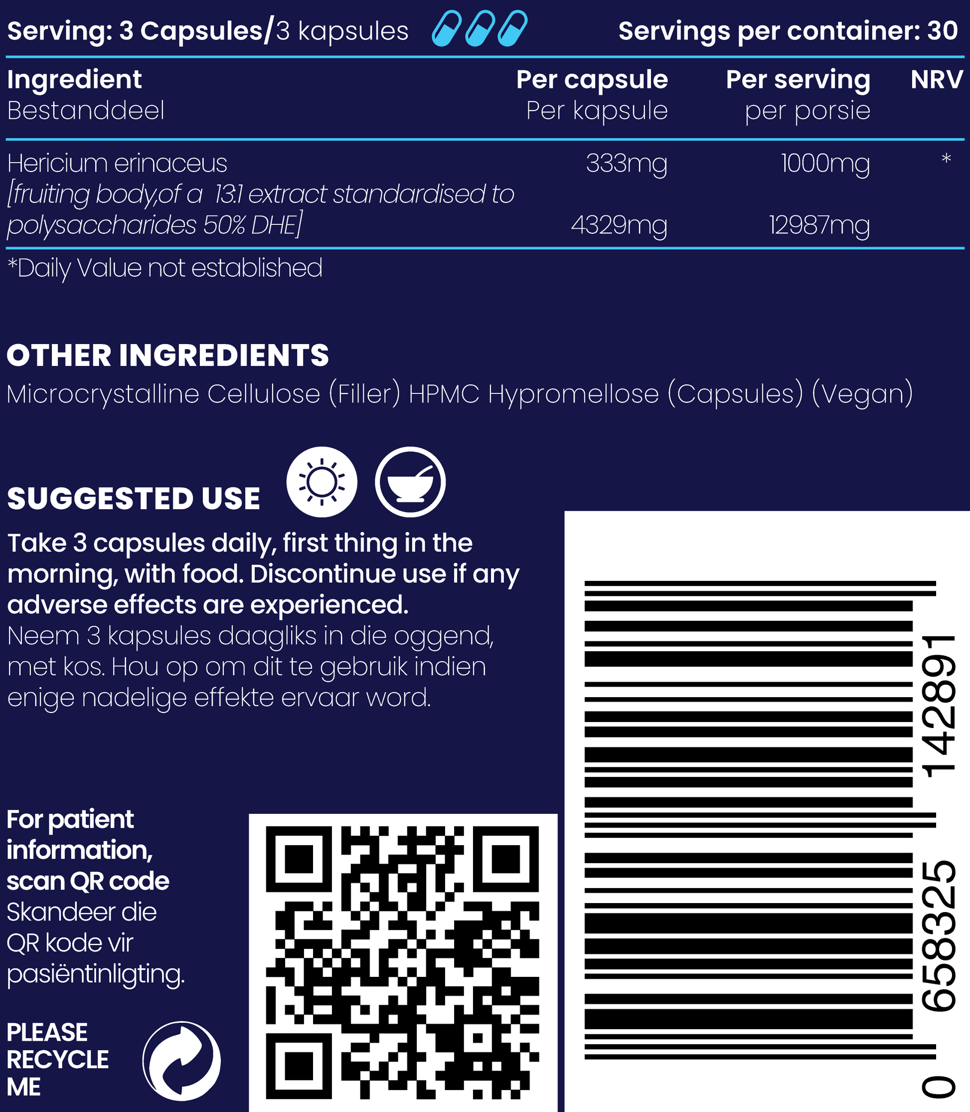 Close up of supplement details and ingredients of Lions Mane Mushroom 1000mg capsules.