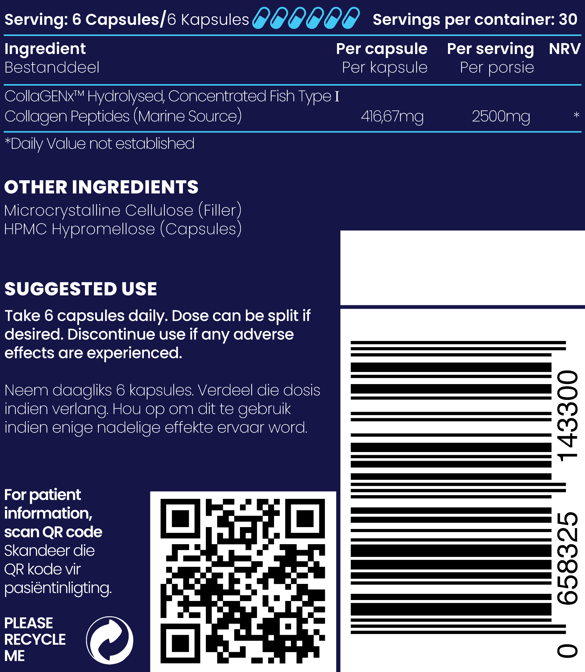 Close up description and ingredients of Marine Collagen Peptide overall health supplements.