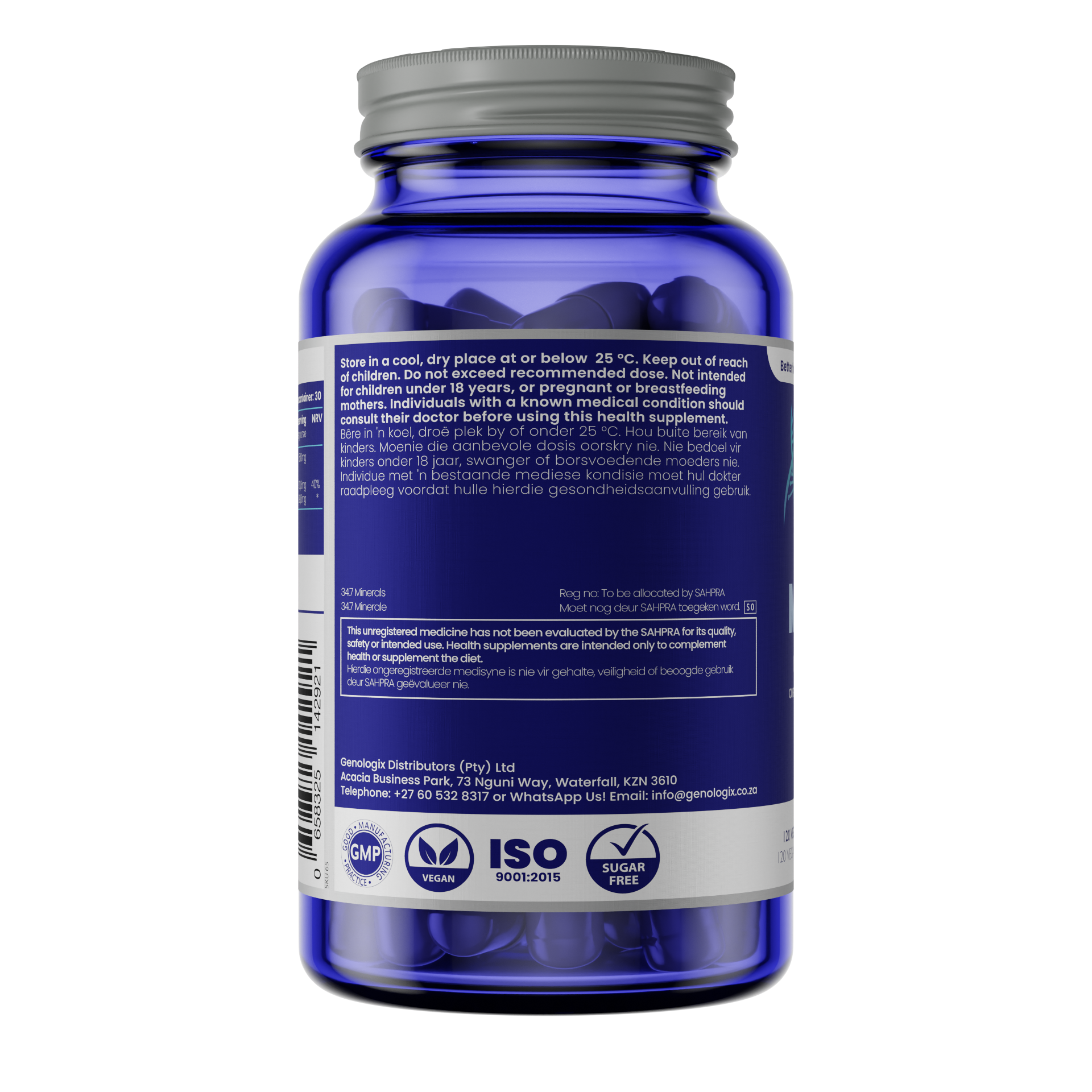 Supplement details and ingredients of Mindmag Magnesium L-Threonate 1500mg capsules for cognition and relaxation. Back view.