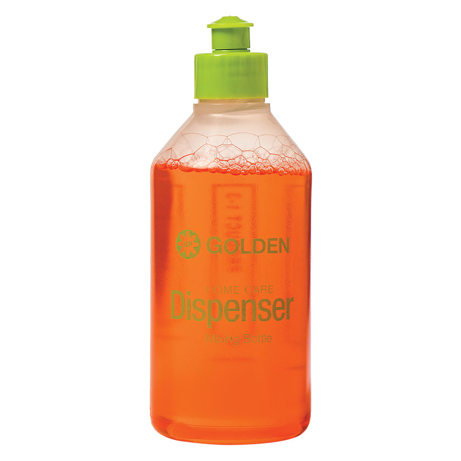 Clear mixing bottle with green dispenser