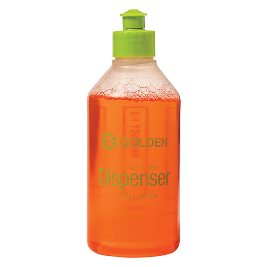 Clear mixing bottle with green dispenser