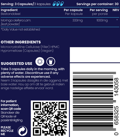 Close up of supplement details and ingredients of Moringa Oelifera 1000mg capsules.