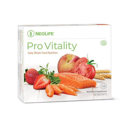 Neolife Pro Vitality supplement package with fruits and vegetables on a white background