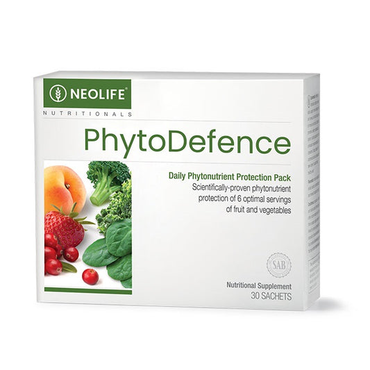 Neolife Phyto Defence supplement pack with fruits and vegetables on a white background