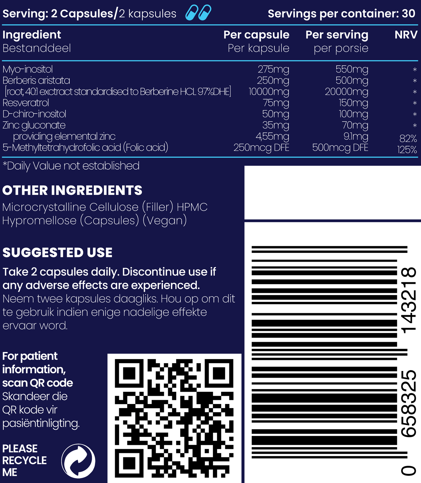 Close up details and ingredients of Probalance reproductive health supplements