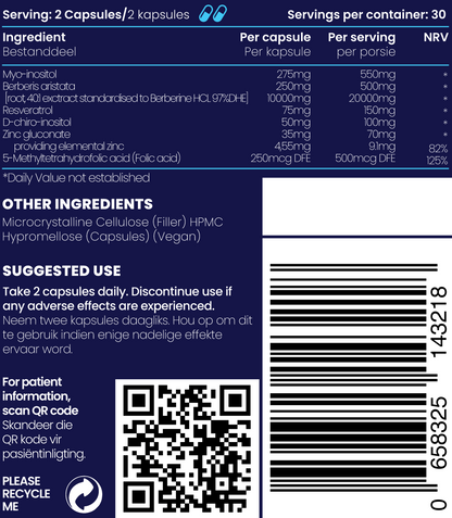 Close up details and ingredients of Probalance reproductive health supplements