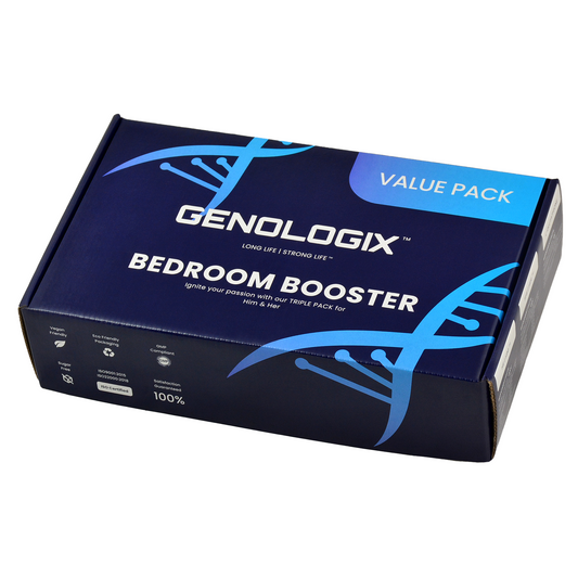 Bedroom Booster Wellness Goal Bundle -  Energy / Mood / Labido in a box with 3 branded blue glass bottles