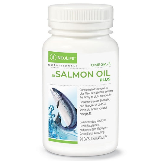 Neolife Salmon Oil Plus supplement bottle on a white background