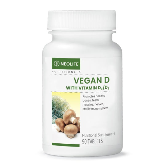 Neolife Vegan D with Vitamin D3/D2 supplement bottle on a white background