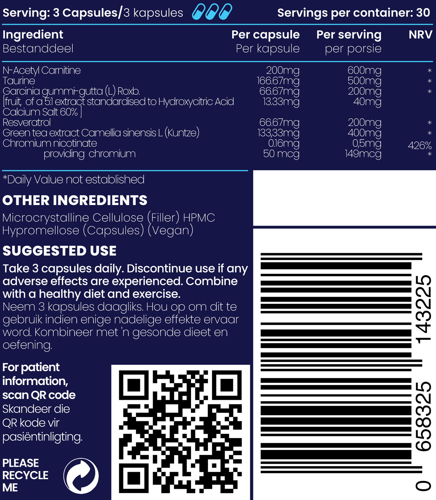 Close up of description and ingredients of Weight Loss Catalyst Supplements