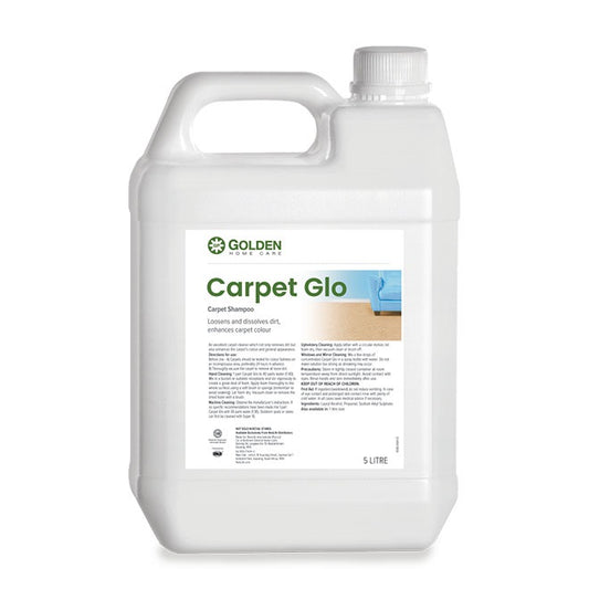 5-liter bottle of Golden Carpet Glo carpet shampoo on a white background