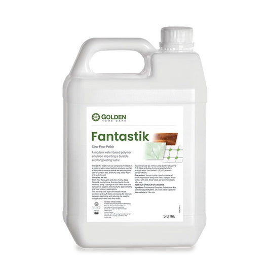 5-liter bottle of Golden Fantastik floor polish on a white background
