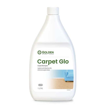 Bottle of Golden Carpet Glo carpet shampoo on a white background