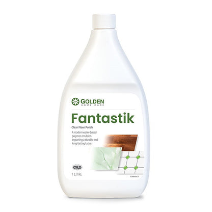 Bottle of Golden Fantastik clear floor polish on a white background