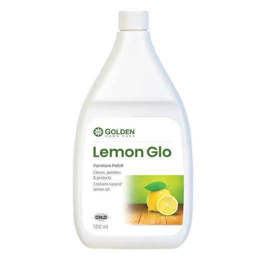 Bottle of Golden Lemon Glo furniture polish on a white background